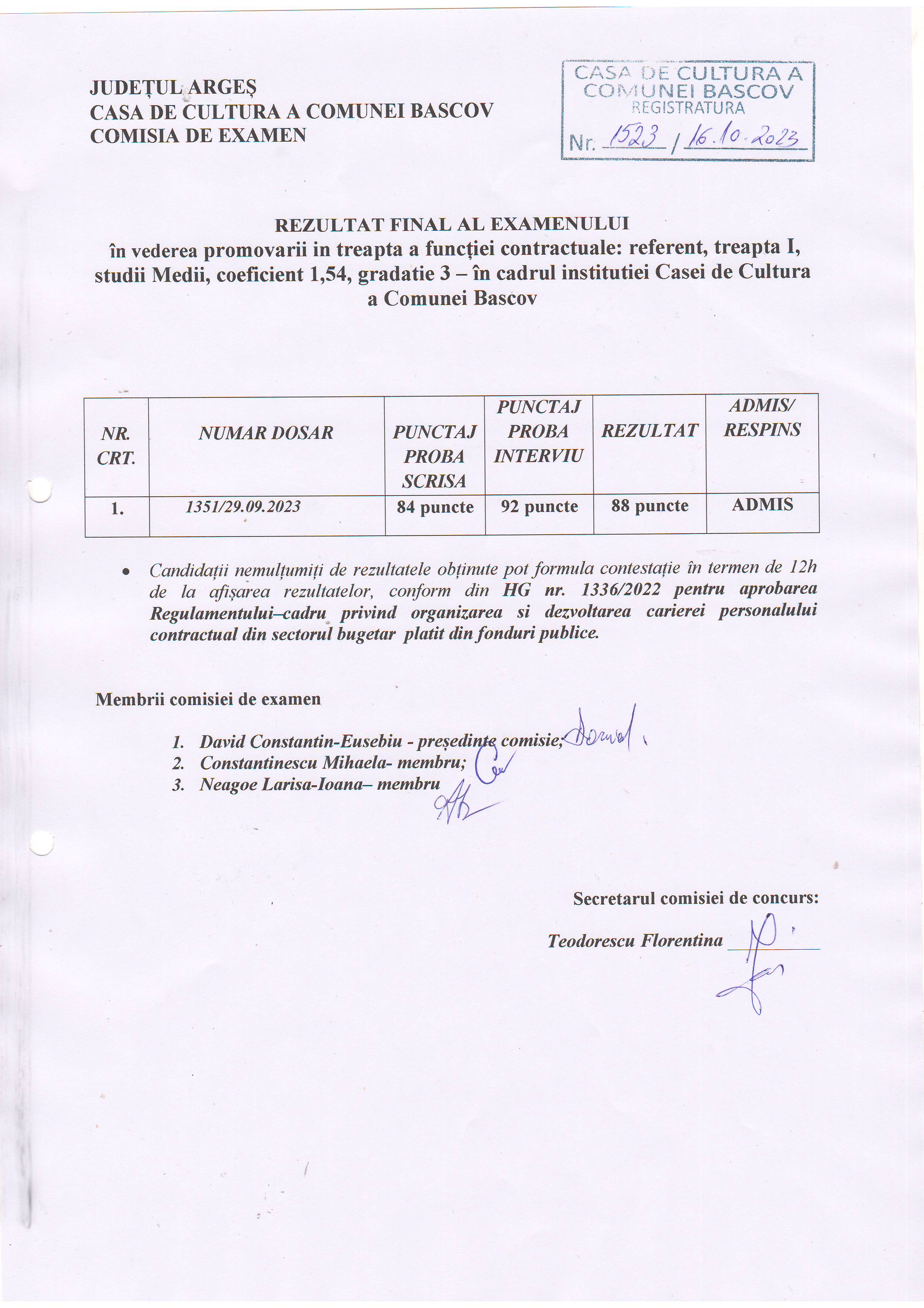REZULTAT EXAMEN PROMOVARE la CASA DE CULTURĂ BASCOV